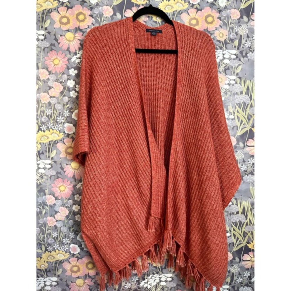 American Eagle‎ Outfitters Orange Knit Poncho Cape Fringe One Size